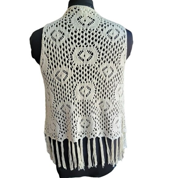 Festival Vest - Crochet and Lace Fringe Cardigan - Bohemian Boho Beige Size XL - Picture 5 of 6